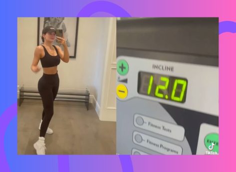 split image of Kylie Jenner taking gym mirror selfie and close-up of treadmill incline setting